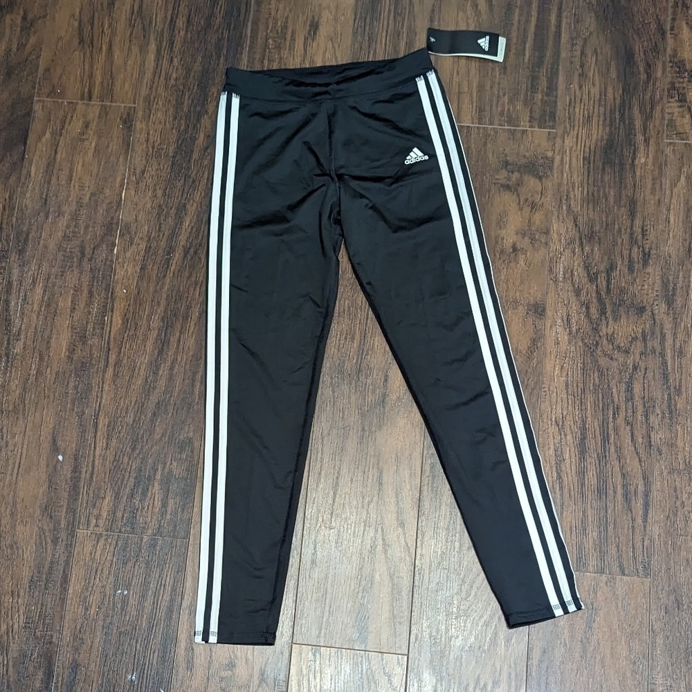 Adidas Girls Large Leggings Black With White Stripes